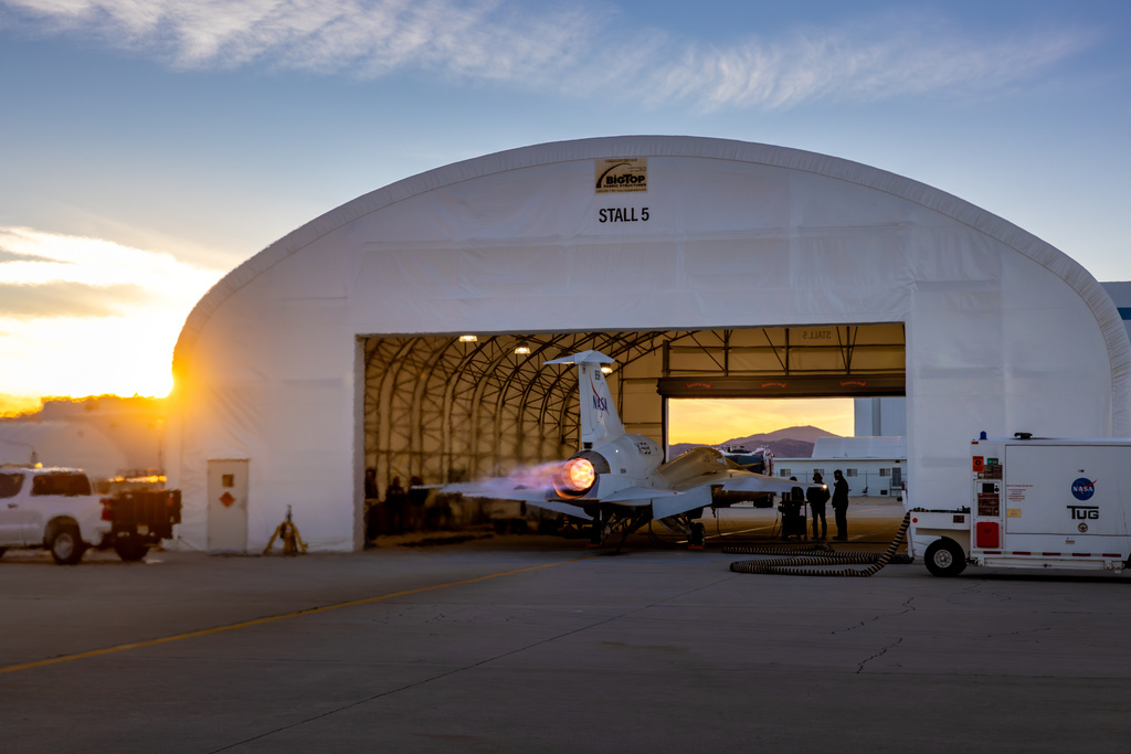 This photo provided by Lockheed Martin shows the X-59 jet plane, which was built by NASA and Lockheed Martin and can move faster than the speed of sound, on Jan. 1, 2025, in Palmdale, Calif. (Garry Tice/Lockheed Martin via AP)