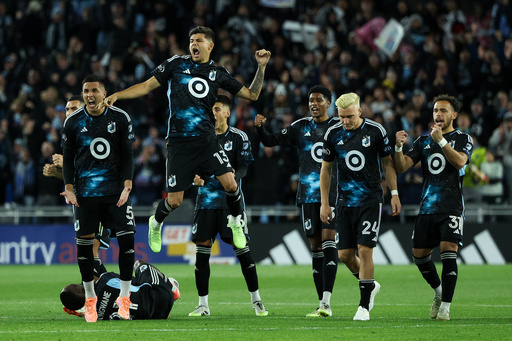 Minnesota United players celebrate during penalty kicks of Game 1 in the first round of MLS soccer's Western Conference playoffs against Seattle Sounders, Monday, Oct. 27, 2025, in St. Paul, Minn. (AP Photo/Matt Krohn) Minnesota United players celebrate during penalty kicks of Game 1 in the first round of MLS soccer's Western Conference playoffs against Seattle Sounders, Monday, Oct. 27, 2025, in St. Paul, Minn. (AP Photo/Matt Krohn)