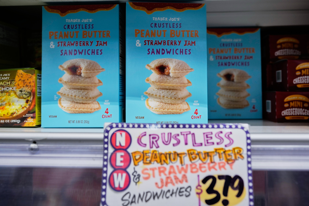 Crust-less sandwiches are displayed on shelf at a Trader Joe's grocery story in Royal Oak, Mich., Wednesday, Oct. 15, 2025. (AP Photo/Ryan Sun)