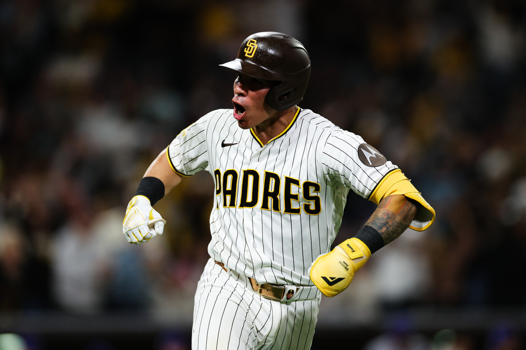 San Diego Padres' Freddy Fermin celebrates after hitting a two-run home run against the New York Mets in the seventh inning of a baseball game Saturday, June 6, 2026, in San Diego. (AP Photo/Derrick Tuskan)