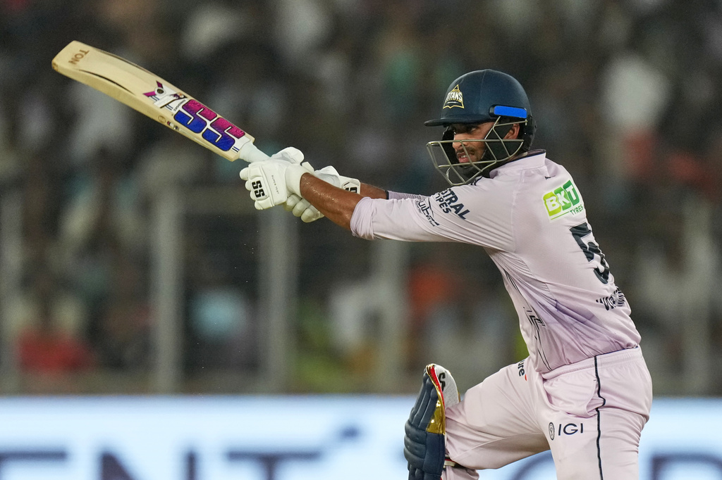 Gujarat Titans' Washington Sundar plays a shot during the Indian Premier League cricket match between Gujarat Titans and Sunrisers Hyderabad, in Ahmedabad, India, Tuesday, May 12, 2026. (AP Photo/Ajit Solanki)