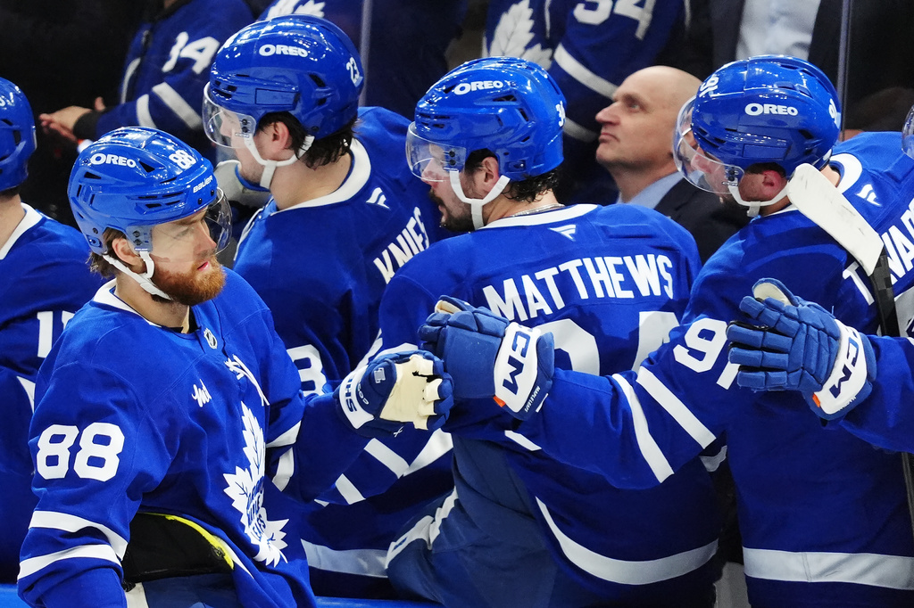 Toronto Maple Leafs' William Nylander (88) celebrates after his goal against the Vancouver Canucks during first-period NHL hockey game action in Toronto, Saturday, Jan. 10, 2026. (Frank Gunn/The Canadian Press via AP)