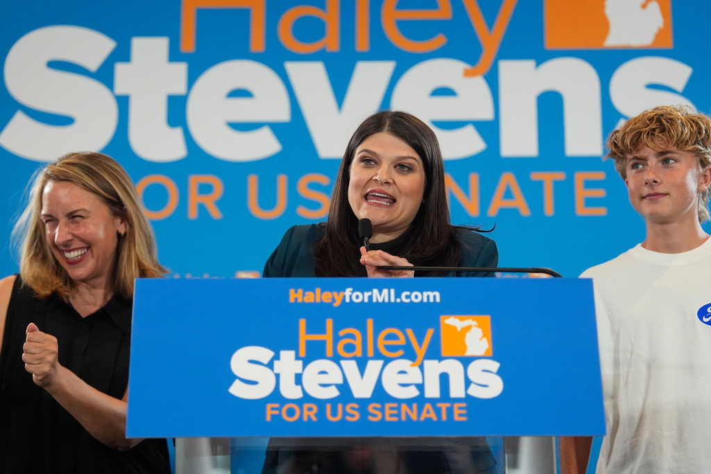 Rep. Haley Stevens, D-Mich., a candidate in the Democratic primary for U.S. Senate in Michigan speaks to supporters election night Tuesday, Aug. 4, 2026, in Detroit. (AP Photo/Paul Sancya)