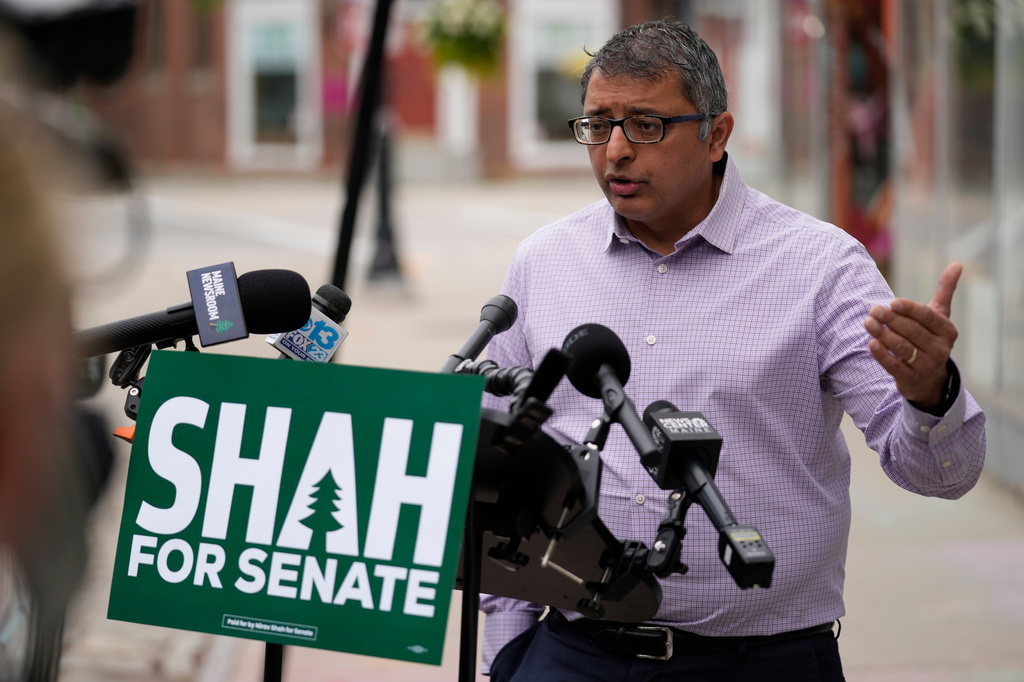 Dr. Nirav Shah, Democratic candidate for U.S. Senate, speaks to reporters a day after a shooting involving U.S. Immigration and Customs Enforcement, Tuesday, July 14, 2026 in Biddeford, Maine. (AP Photo/Robert F. Bukaty)
