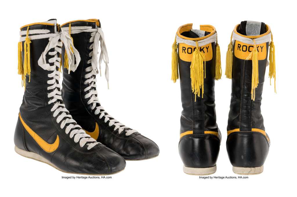 This combination of images released by Heritage Auctions shows boxing boots worn by Sylvester Stallone in the 1982 film "Rocky III." (Heritage Auctions via AP)