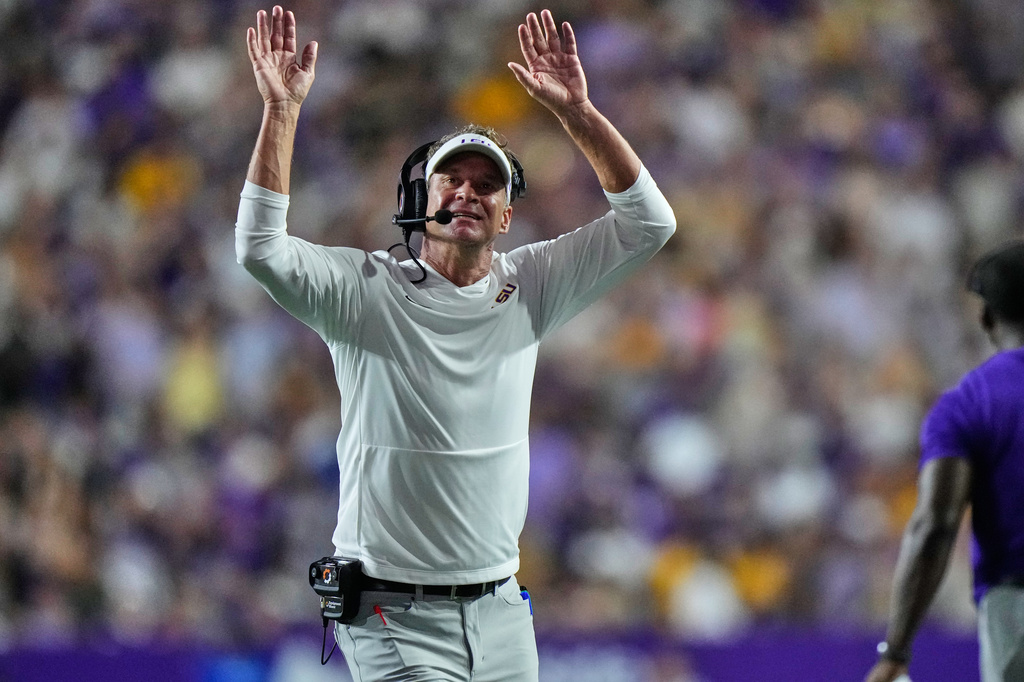 LSU head coach Lane Kiffin reacts in the first half of an NCAA college football game against Clemson, Saturday, Sept. 5, 2026 in Baton Rouge, La. (AP Photo/Gerald Herbert)