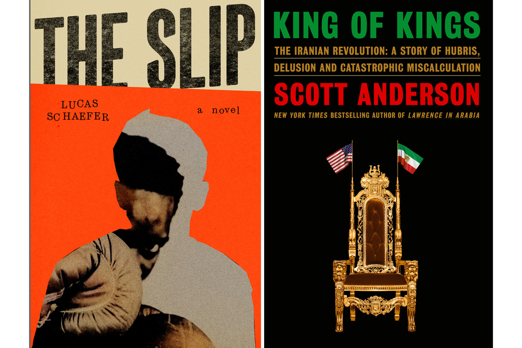 This combination of book cover images shows "The Slip" by Lucas Schaefer, left, and "King of Kings: The Iranian Revolution: A Story of Hubris, Delusion and Catastrophic Miscalculation" by Scott Anderson. (Simon & Schuster/Doubleday via AP)
