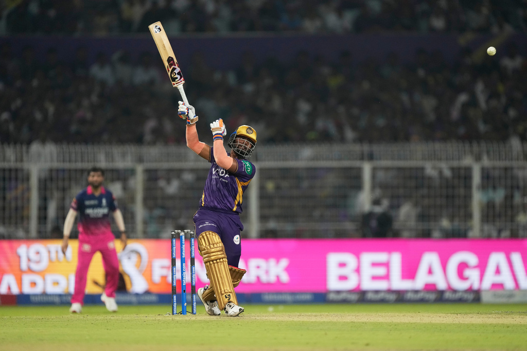 Kolkata Knight Riders' Anukul Roy plays a shot during the Indian Premier League cricket match between Kolkata Knight Riders and Rajasthan Royals in Kolkata, India, Sunday, April 19, 2026. (AP Photo/Bikas Das)