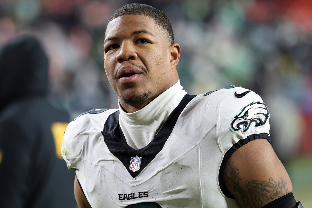 FILE - Philadelphia Eagles linebacker Nolan Smith Jr. (3) looks on after an NFL football game against the Washington Commanders, Saturday, Dec. 20, 2025, in Landover, Md. (AP Photo/Daniel Kucin Jr., File)