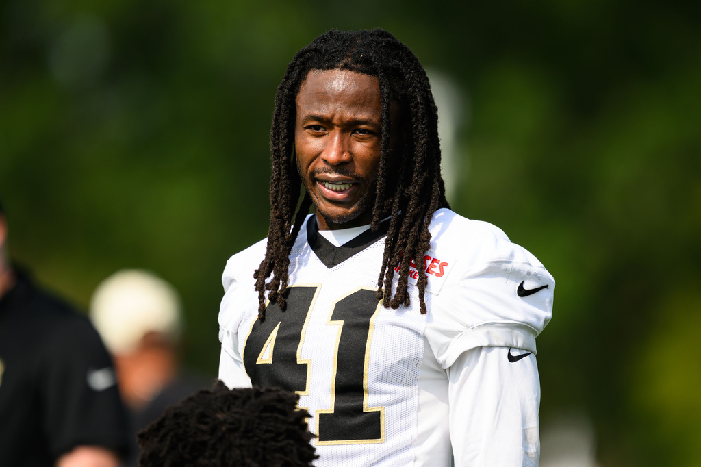 FILE - New Orleans Saints running back Alvin Kamara (41) stands during an NFL football training camp in Metairie, La., Thursday, July 30, 2026. (AP Photo/Ella Hall, File)