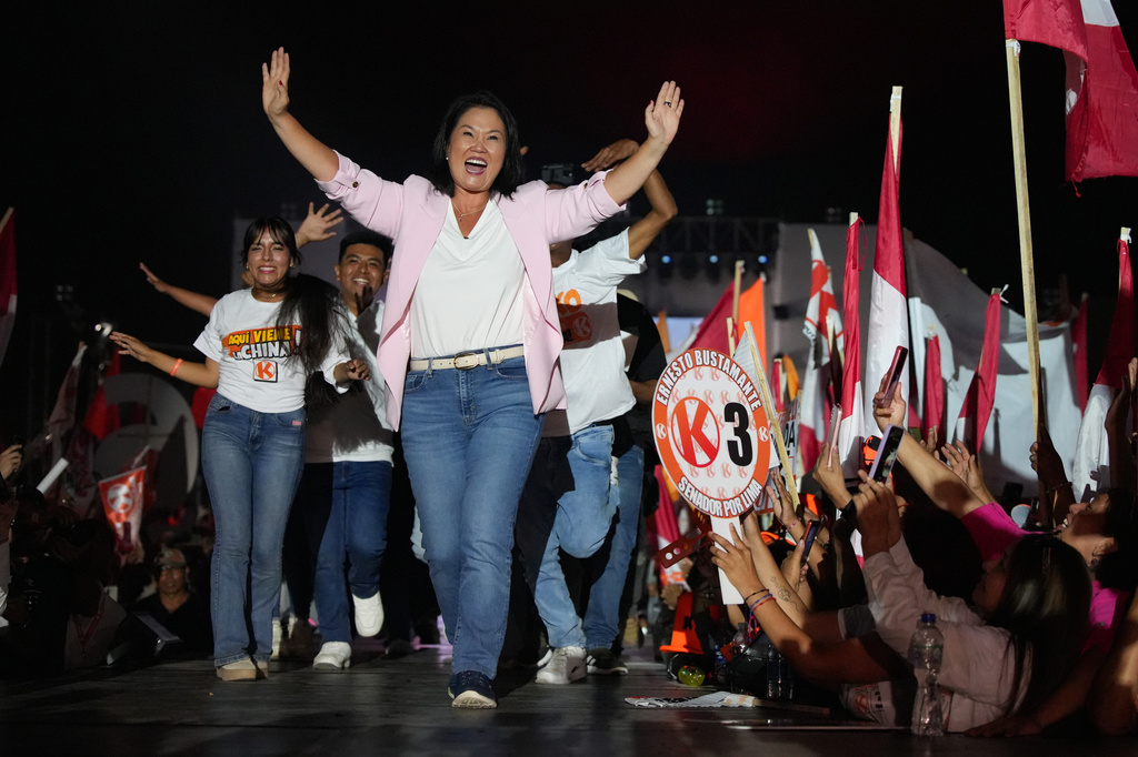 FILE - Presidential candidate Keiko Fujimori, of the Popular Force party, gestures during her closing campaign rally in Lima, Peru, April 9, 2026. (AP Photo/Guadalupe Pardo, File)