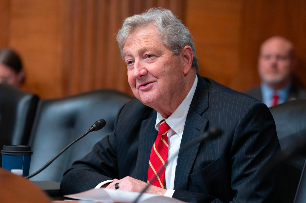 Sen. John Kennedy, R-La., speaks during the Senate Subcommittee on Commerce, Justice, Science, and Related Agencies hearing on Fiscal Year 2027 Budget Request for the FBI, the Drug Enforcement Administration; the United States Marshals Service and the Bureau of Alcohol, Tobacco, Firearms and Explosives on Capitol Hill, Tuesday, May 12, 2026, in Washington. (AP Photo/Jose Luis Magana)