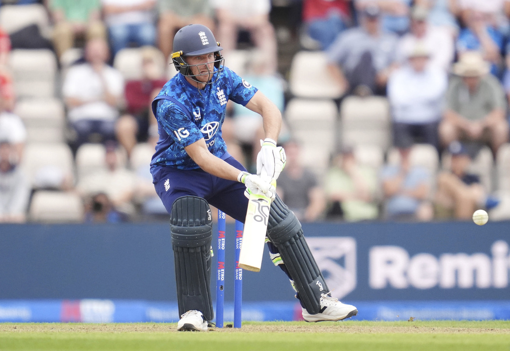 England's Jos Buttler batting during the third ODI series cricket match between England and South Africa, at Utilita Bowl, Southampton, England, Sunday Sept. 7, 2025. (Adam Davy/PA via AP)