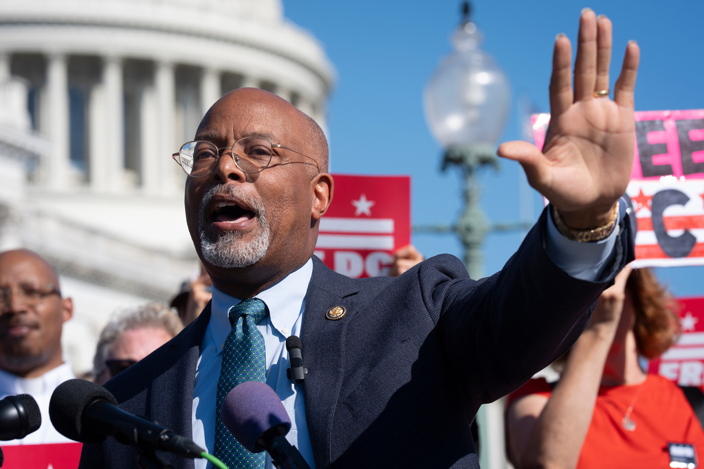 FILE - Rep. Glenn Ivey, D-Md., joins elected officials and activists in a call to end the presence of National Guard troops in the District of Columbia on the order of President Donald Trump, at the Capitol in Washington, Sept. 4, 2025. (AP Photo/J. Scott Applewhite, File)
