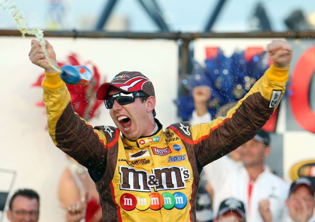 FILE - Kyle Busch celebrates his victory in the NASCAR Shelby 427 auto race at Las Vegas Motor Speedway in Las Vegas on Sunday, March 1, 2009. (AP Photo/Isaac Brekken, File)