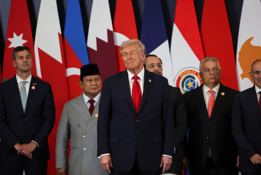 From left, Paraguay's President Santiago Pena, Indonesian President Prabowo Subianto, U.S. President Donald Trump, Cyprus' President Nikos Christodoulides and Hungary's Prime Minister Viktor Orban attend the Gaza International Peace Summit in Sharm el-Sheikh, Egypt, Monday, Oct. 13, 2025. (Suzanne Plunkett/Pool Photo via AP)