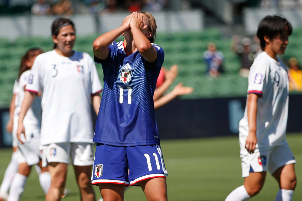 Japan's Mina Tanaka reacts after missing a shot on goal during the Women's Asia Cup soccer match between Japan and Taiwan in Perth, Wednesday, March 4, 2026. (AP Photo/GaryDay)