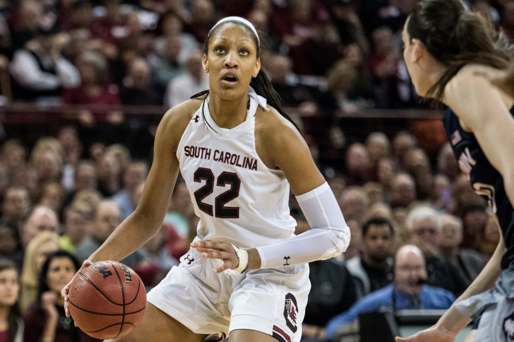 FILE - In this Feb. 8, 2016, file photo, South Carolina forward A'ja Wilson looks for an open lane during the first half of an NCAA college basketball game against Connecticut in Columbia, S.C. (AP Photo/Sean Rayford, File)