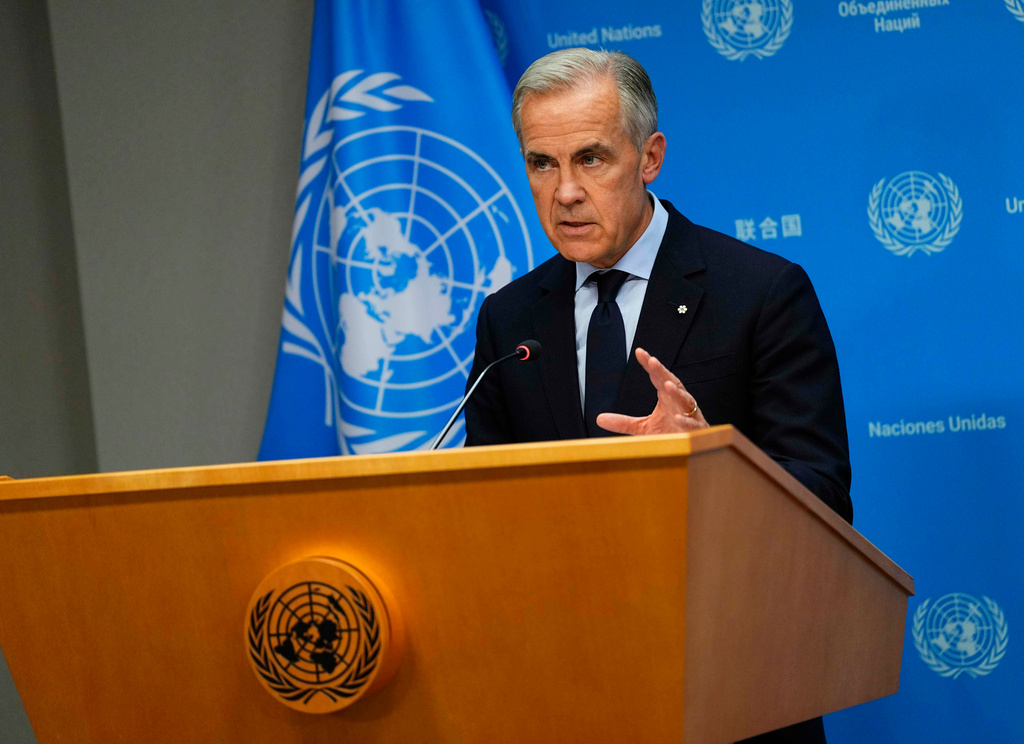 Canada Prime Minister Mark Carney speaks during a media availability on the sidelines of the the United Nations General Assembly (UNGA) at the UN headquarters on Tuesday, Sept. 22, 2026. (Justin Tang/The Canadian Press via AP)