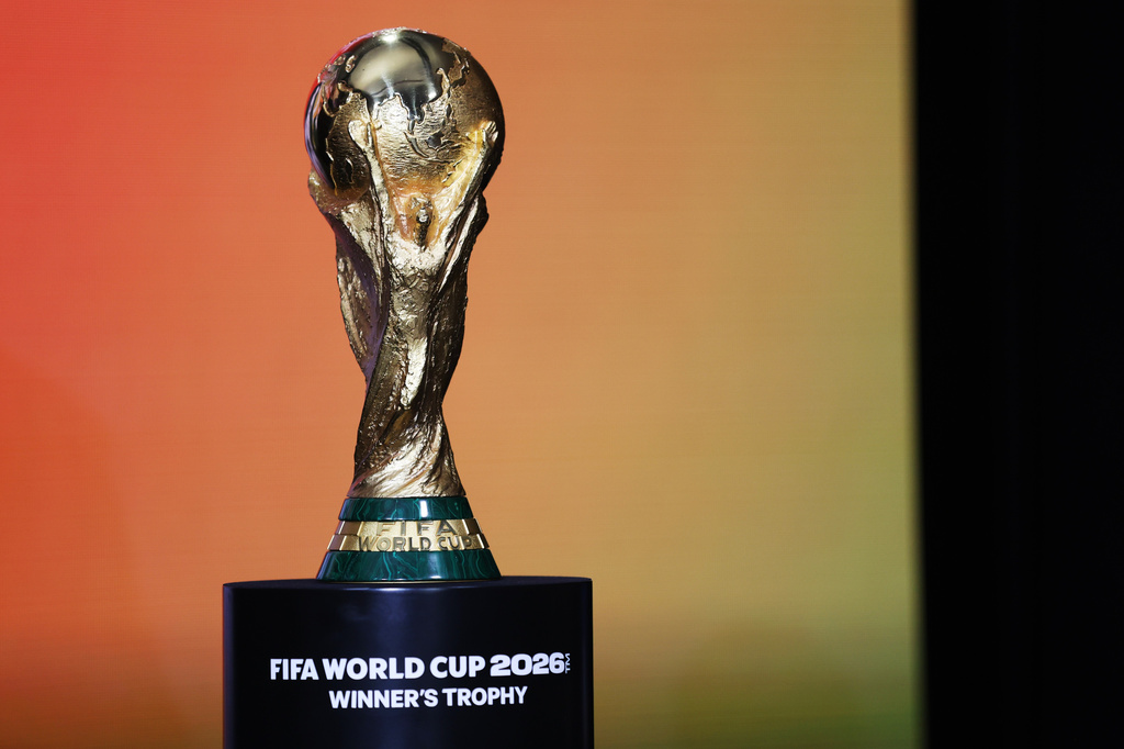 A FIFA World Cup trophy is displayed on stage for a panel on the 2026 FIFA World Cup soccer tournament halftime show at the Global Citizen NOW summit, Thursday, May 14, 2026, in New York. (AP Photo/Heather Khalifa)