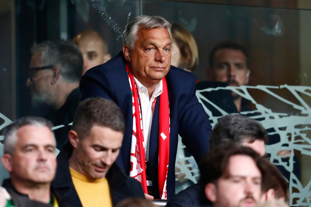 FILE - Hungary Prime Minister Viktor Orban, center, on the tribune during a World Cup 2026 group F qualifying soccer match between Ireland and Hungary at the Aviva stadium in Dublin, on Sept. 6, 2025. (AP Photo/Peter Morrison, File)