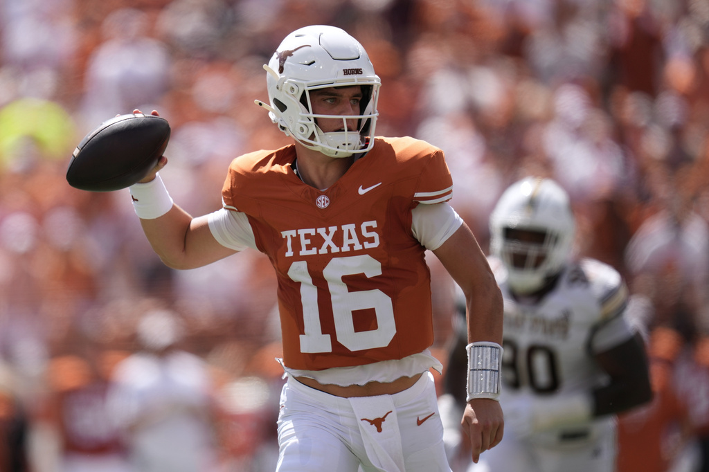 Texas quarterback Arch Manning (16) looks to pass against Texas State during the first half of an NCAA college football game in Austin, Texas, Saturday, Sept. 5, 2026. (AP Photo/Eric Gay)