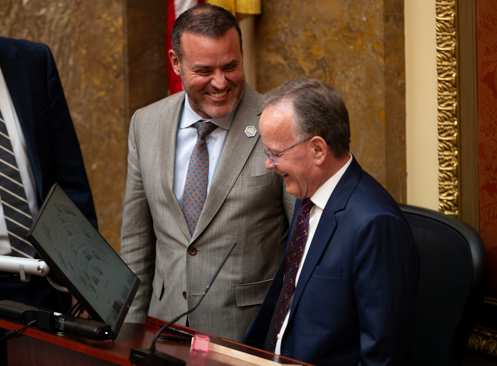 House Speaker Mike Schultz, R-Hooper, left, and Senate President Stuart Adams, R-Layton, share a laugh prior to listening to Chief Justice Matthew Durrant delivering the State of the Judiciary address on the first day of the 2026 legislative session in Salt Lake City, on Tuesday, Jan. 20, 2026. (The Deseret News via AP)