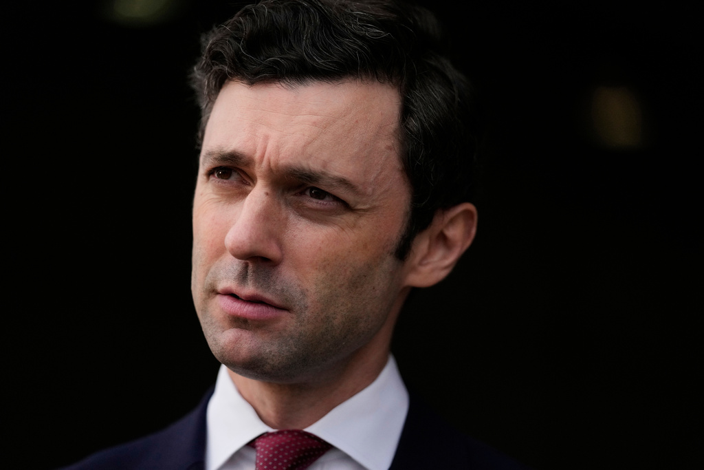 FILE - Sen. Jon Ossoff, D-Ga., speaks during an interview at Dobbins Air Reserve Base, Saturday, April 26, 2025, in Marietta, Ga. (AP Photo/Brynn Anderson, File)