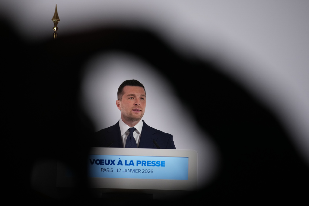 Far-right party National Rally president Jordan Bardella speaks during his New Year address to the press, Monday, Jan. 12, 2026 in Paris. (AP Photo/Christophe Ena)