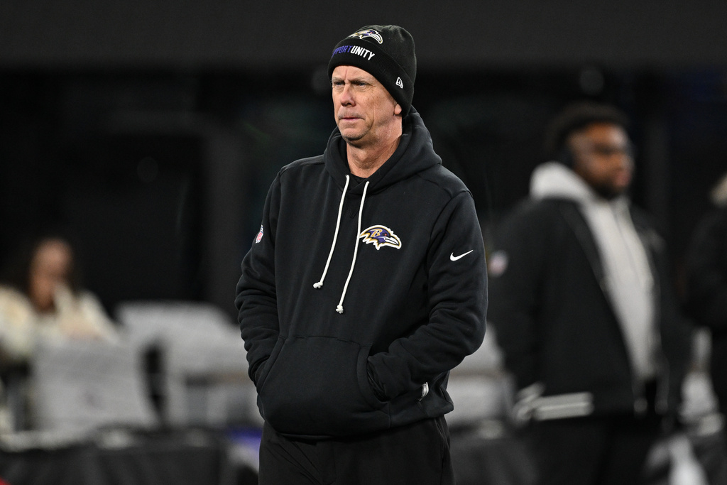 FILE - Baltimore Ravens offensive coordinator Todd Monken looks on during pre-game warm-ups before an NFL football game against the New England Patriots, Sunday, Dec. 21, 2025, in Baltimore. (AP Photo/Terrance Williams, File)