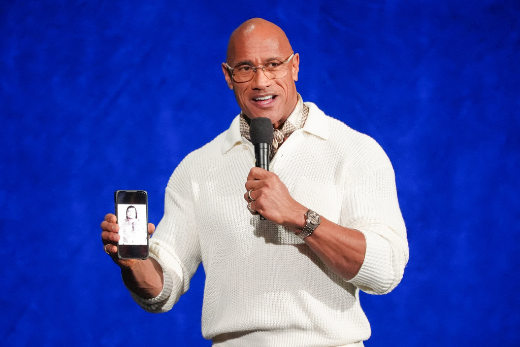 Dwayne Johnson, cast member of the upcoming film "Moana," speaks during the Walt Disney Studios presentation at CinemaCon on Thursday, April 16, 2026, at Caesars Palace in Las Vegas. (AP Photo/Chris Pizzello)