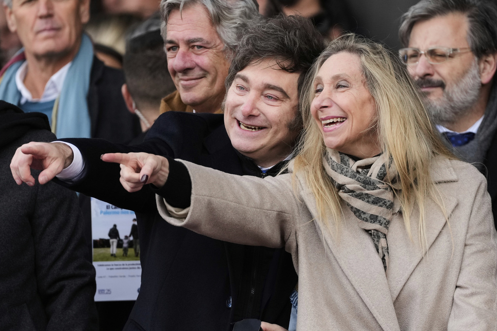 FILE - Argentine President Javier Milei, left, and his sister Karina Milei, the general secretary of the presidency, attend the opening ceremony of the Rural Society's annual exposition, in Buenos Aires, Argentina, July 26, 2025. (AP Photo/Gustavo Garello, File)