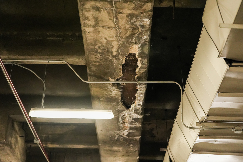 Structural damage is seen at the John F. Kennedy Center for the Performing Arts during a media tour, Wednesday, April 22, 2026, in Washington. (AP Photo/Julia Demaree Nikhinson)