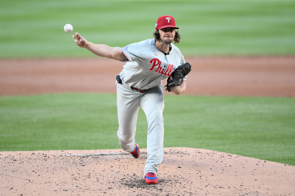 Philadelphia Phillies pitcher Aaron Nola throws during the second inning of a baseball game against the Washington Nationals, Wednesday, June 24, 2026, in Washington. (AP Photo/Nick Wass)