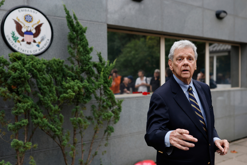 FILE - U.S. Presidential envoy John Coale, speaks to journalists outside the U.S. Embassy in Vilnius, Lithuania, Sept. 11, 2025, ahead of the arrival of released prisoners from Belarus. (AP Photo/Mindaugas Kulbis, file)