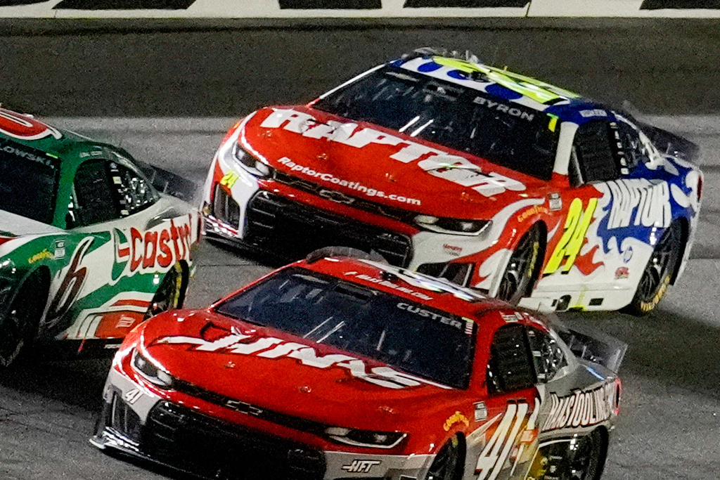 William Byron, (24) runs on the track before a crash during the first of two NASCAR Daytona 500 qualifying auto races at Daytona International Speedway, Thursday, Feb. 12, 2026, in Daytona Beach, Fla. (AP Photo/Mike Stewart)