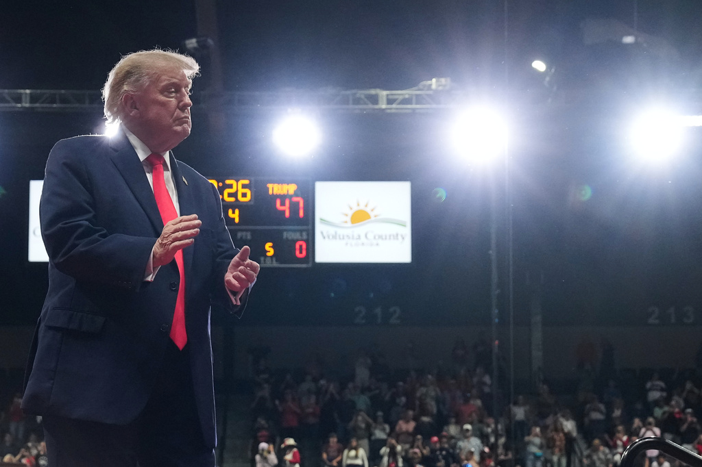 President Donald Trump walks from the podium after speaking at a campaign rally at the Ocean Center, in Daytona Beach, Fla., Friday, Oct. 30, 2026. (AP Photo/Jacquelyn Martin)