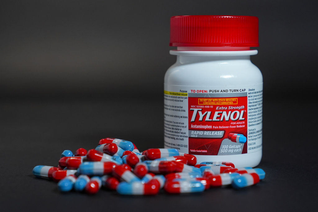 Extra Strength Tylenol is shown in Carmel, Ind., Tuesday, Sept. 23, 2025. (AP Photo/Michael Conroy)