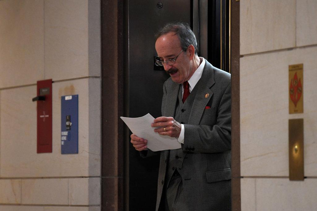 FILE - House Foreign Affairs Committee Chairman Eliot Engel, D-N.Y., walks out of an elevator on Capitol Hill in Washington, Thursday, Oct. 17, 2019, near the area where U.S. Ambassador to the European Union Gordon Sondland is being interviewed as part of the impeachment inquiry. (AP Photo/Susan Walsh, File)