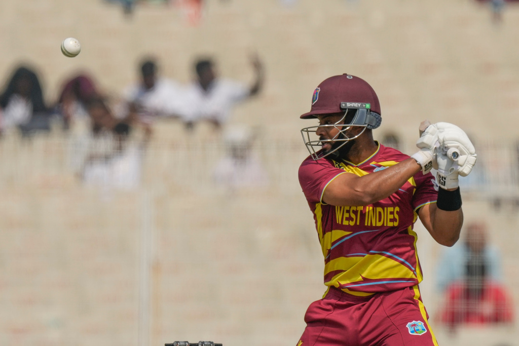 West Indies' captain Shai Hope plays a shot during the T20 World Cup cricket match between West Indies and Italy in Kolkata, India, Thursday, Feb. 19, 2026. (AP Photo/Bikas Das)