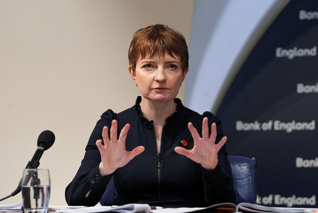 Bank of England Deputy Governor for Monetary Policy, Clare Lombardelli, gestures during the Monetary Policy Report news conference, in London, on Thursday, Nov. 6, 2025. (Maja Smiejkowska/Pool Photo via AP)