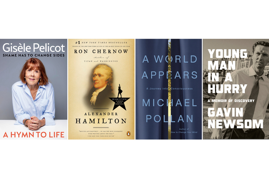 This combination of images show Penguin Press books published by Ann Godoff, from left, "A Hymn to Life: Shame Has to Change Sides" by Gisèle Pelicot, "Alexander Hamilton" by Ron Chernow, "A World Appears: A Journey into Consciousness" by Michael Pollan, and "Young Man in a Hurry: A Memoir of Discovery" by Gavin Newsom. (Penguin Press via AP)