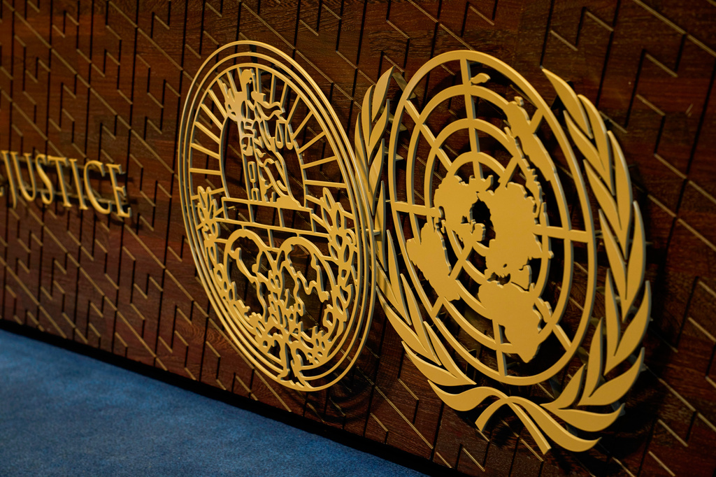 FILE - The logo of the International Court of Justice displayed on the judges' bench, in The Hague, Netherlands, May 4, 2026. (AP Photo/Peter Dejong, File)