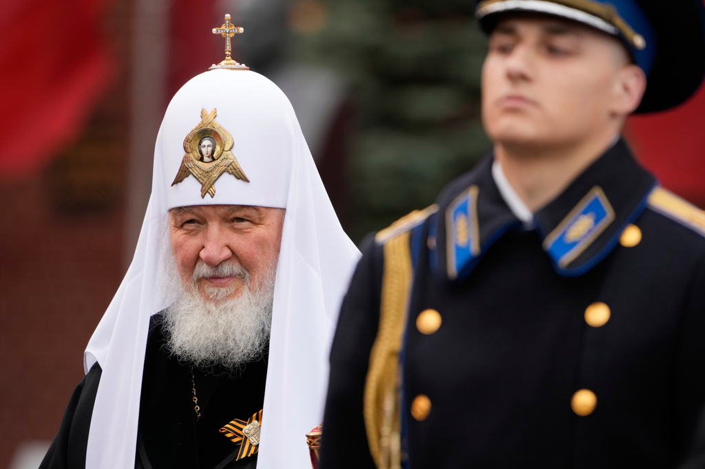 Russian Orthodox Patriarch Kirill, left, attends the Victory Day military parade in Moscow, Saturday, May 9, 2026, during celebrations of the 81st anniversary of the Soviet Union's victory over Nazi Germany during World War II. (AP Photo/Pavel Bednyakov, Pool)