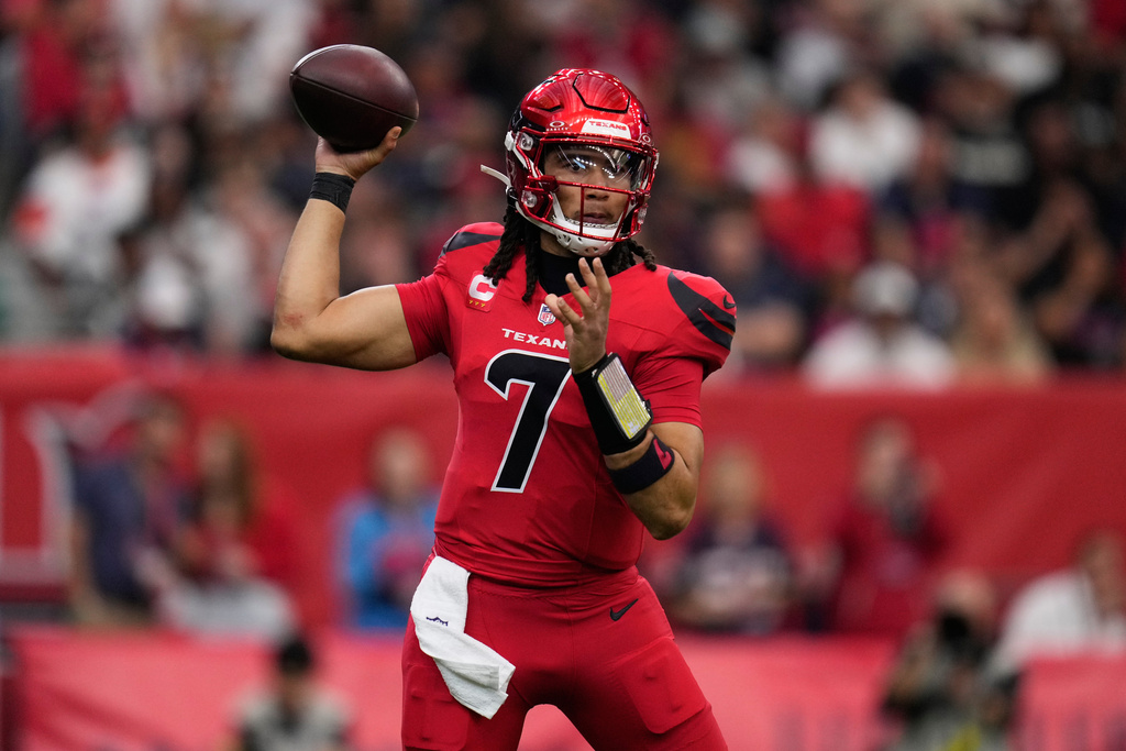 Houston Texans quarterback C.J. Stroud (7) passes against the Las Vegas Raiders during the first half of an NFL football game, Sunday, Dec. 21, 2025, in Houston. (AP Photo/Eric Christian Smith)