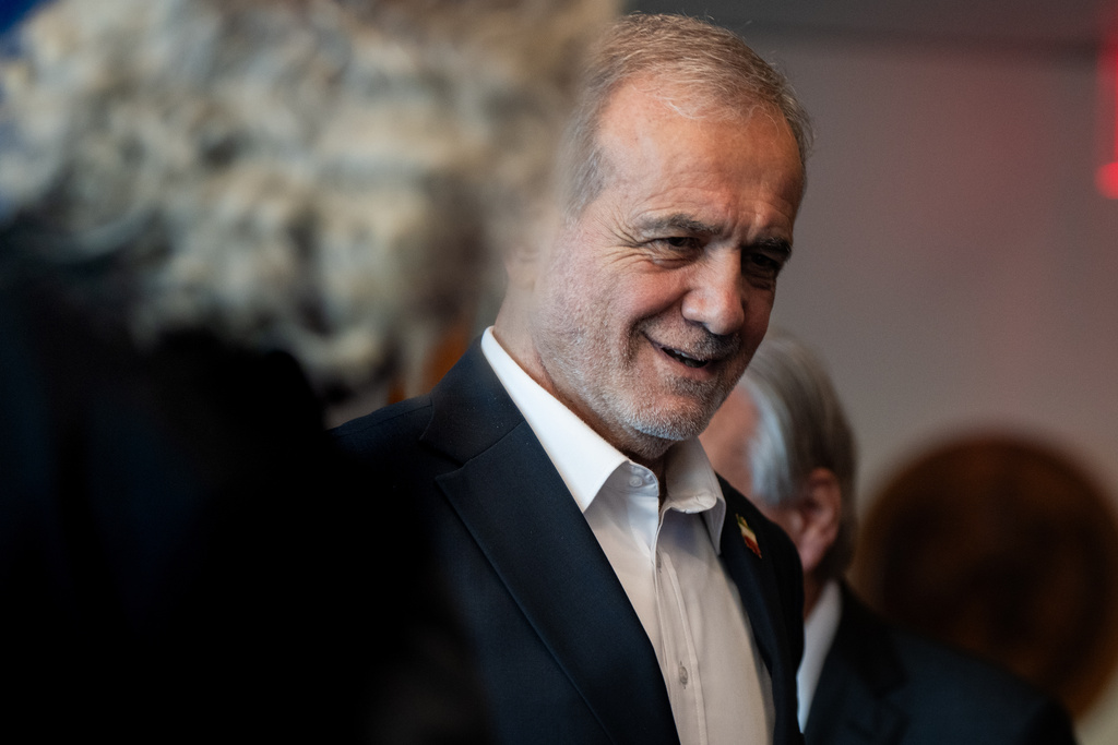 Masoud Pezeshkian, the President of Iran, enters a room for a photo opportunity during the United Nations General Assembly at United Nations headquarters, Thursday, Sept. 25, 2025. (AP Photo/Angelina Katsanis)