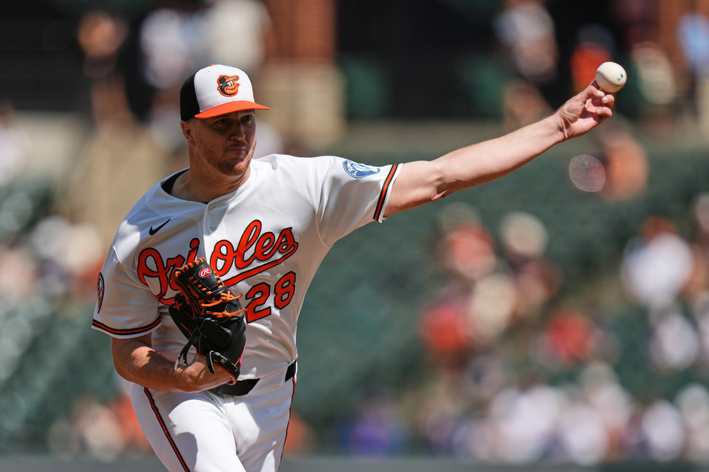 Baltimore Orioles starting pitcher Trevor Rogers (28) delivers during the first inning of a baseball game against the Cleveland Guardians, Monday, Sept. 7, 2026, in Baltimore. (AP Photo/Stephanie Scarbrough)