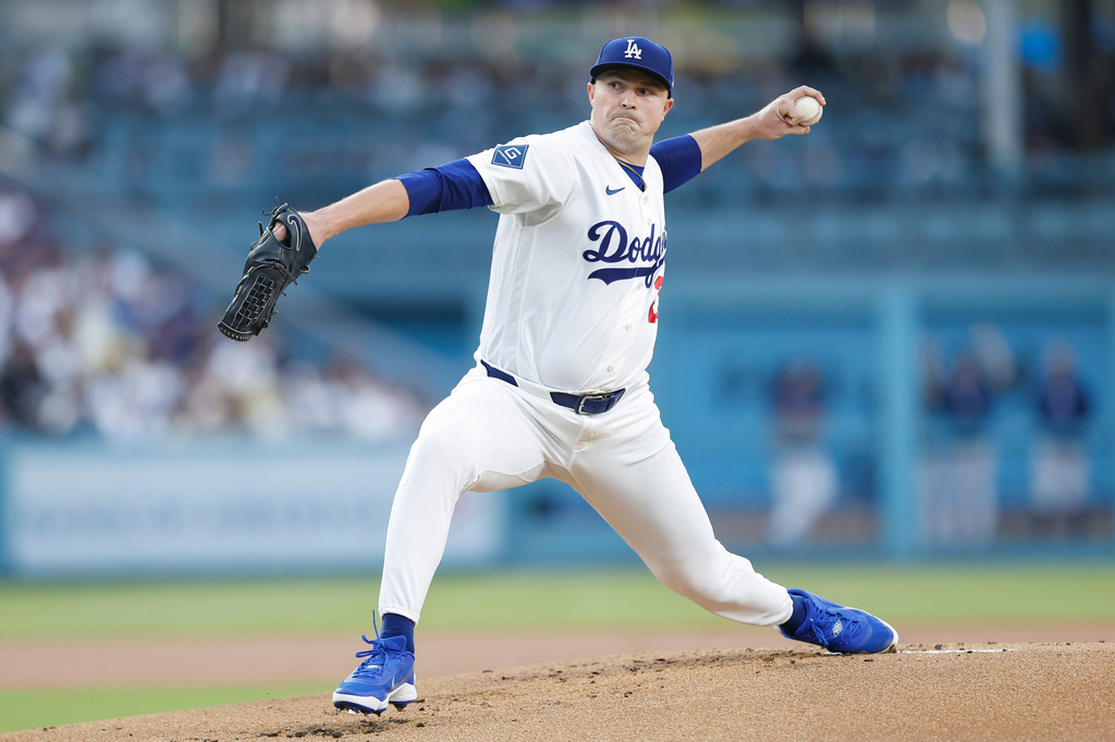 Los Angeles Dodgers starting pitcher Tarik Skubal throws during the first inning of a baseball game against the Kansas City Royals, Monday, Aug. 10, 2026, in Los Angeles. (AP Photo/Caroline Brehman)