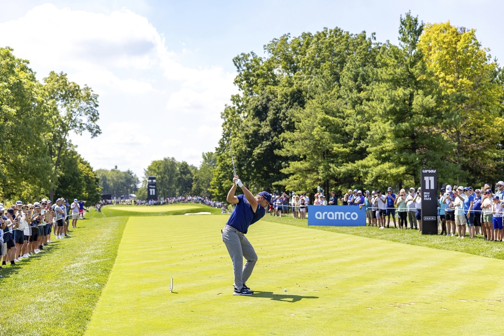 Captain Bryson DeChambeau, of Crushers GC, hits from the 11th tee during the quarterfinals of LIV Golf Team Championship Michigan at The Cardinal at Saint John's, Friday, Aug. 22, 2025, in Plymouth, Mich. (Chris Trotman/LIV Golf via AP)
