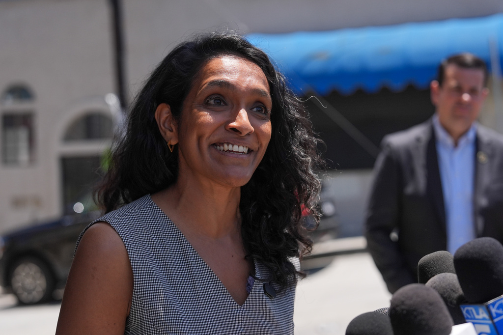 FILE - Los Angeles mayoral candidate Nithya Raman talks to reporters after a campaign event in Los Angeles, June 1, 2026. (AP Photo/Jae C. Hong, File)